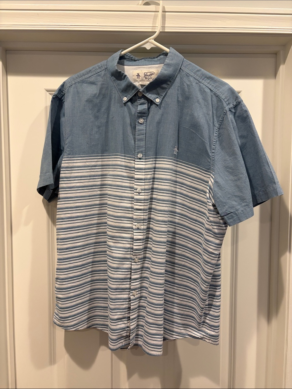 Original Penguin Men’s Light Blue Short-Sleeve Button-Down Striped Shirt XL